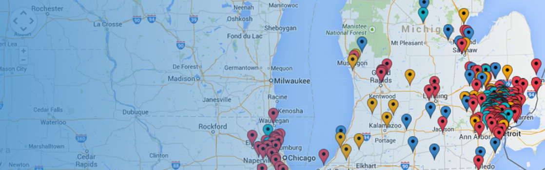 Map showing Connecting Directories publication locations across Michigan, northern Indiana, and the Chicago area